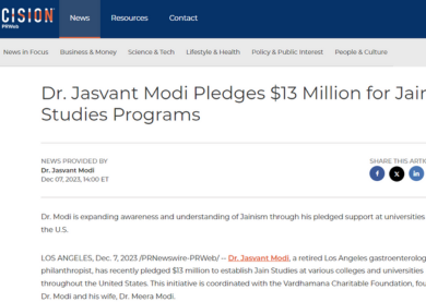 Dr. Jasvant Modi Pledges $13 Million for Jain Studies Programs